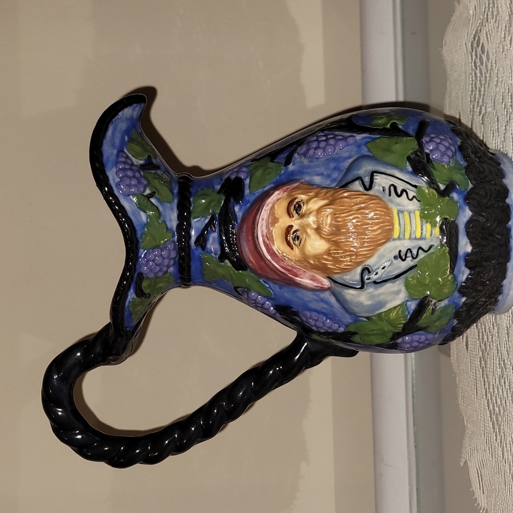 Vintage Hand Painted Pitcher Man & Grapes - Picture 1 of 16